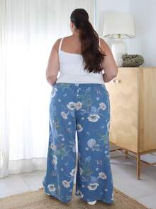 Pretty and Ole 大尺碼寬腿牛仔褲，花卉圖案，舒適彈性腰帶，適合夏季度假穿著，寬鬆休閒 - 中等水洗藍 - 查看 3