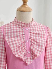 SHEIN Tween Girl Tween Girl Plaid Patchwork Pleated Casual Family Matching Cute Daily Holiday School Autumn Dress Back-To-School Pink Primary Middle Pinafore - Pink - View 7