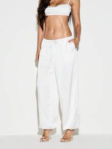 KIZN Satin Wide Leg Casual Pants With Elastic Drawstring Waist Side Pockets Full Length Summer Holiday Loungewear Trousers - White - View 2