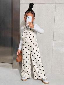 SHEIN Young Girl Leopard Print Denim Overalls - Beige - View 3