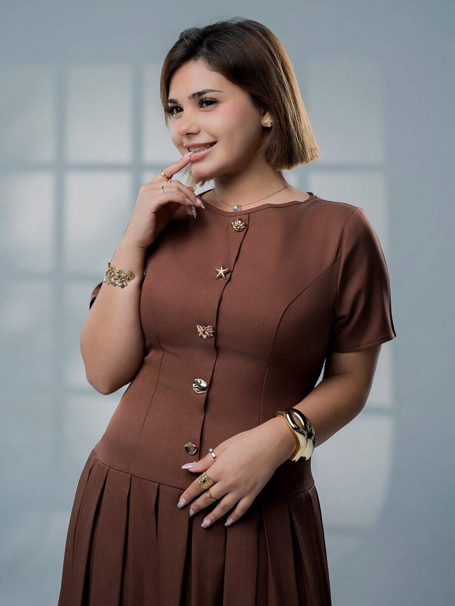 SARA VAULT Solid Button Front Pleated Hem Dress Button Dress Coffee Brown Dress Elegant Summer - Rust Brown - View 1