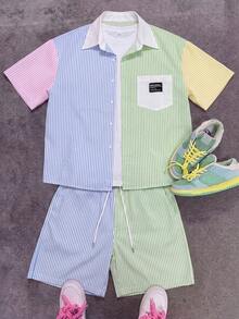Manfinity Roghcode Men's Letter Print Striped Short Sleeve Shirt And Drawstring Waist Shorts Casual Set - Multicolor - View 1