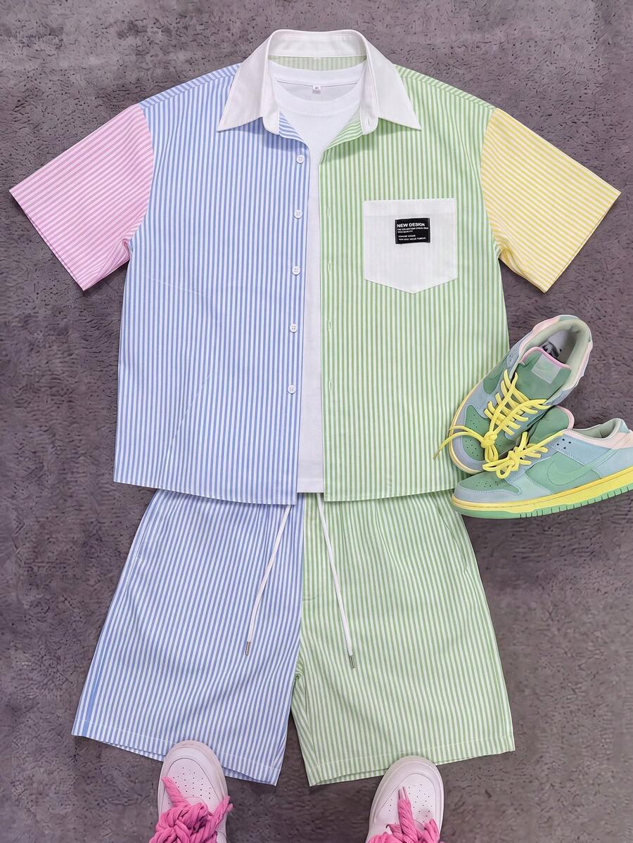 Manfinity Roghcode Men's Letter Print Striped Short Sleeve Shirt And Drawstring Waist Shorts Casual Set - Multicolor - View 1