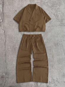 AXEPEAK Men's Summer Casual Striped Shirt And Long Pants Set - Brown - View 2