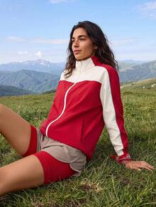 Exploreva Women's Colorblock Zipper Casual Versatile Daily Outdoor Softshell Jacket - Red - View 3