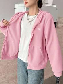 SHEIN 青少年女孩粉色可翻面抓絨刺繡馬匹休閒寬鬆冬季夾克，簡約學院風休閒夾克 - 粉色 - 查看 5
