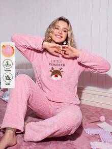 SHEIN Little Reindeer Embroidered Plush Lounge Cute Casual Pajama Set Sleep Home Pink Light Pink - Pink - View 2