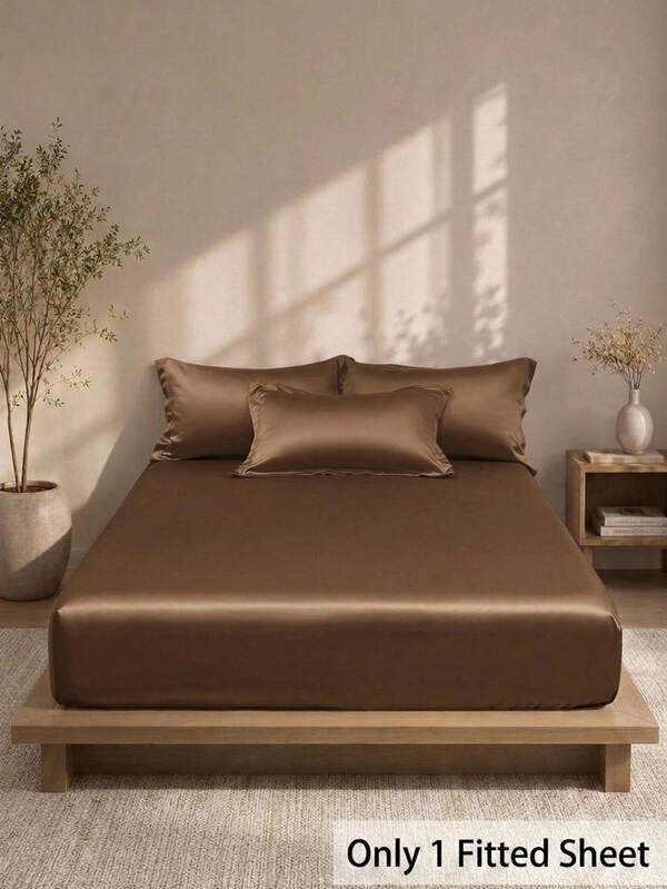 Cirelle 1pc Solid Color Ice Silk Fitted Sheet, Satin Mattress Protector Cover With All-Around Elastic, Breathable Soft Mattress Cover