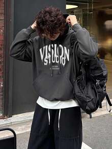 DAZY Autumn/Winter Thermal Lined Dark Gray & White Letter Print Loose Fit Cropped Hoodie For Men - Dark Grey - View 7