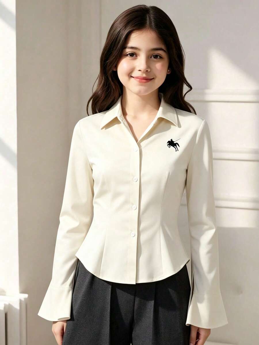 SHEIN 青少年女孩秋季休閒優雅騎士印花長袖上衣，圓弧下擺，返校季、假期正式派對白色 - 杏色 - 查看 1