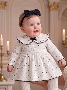 SHEIN Newborn Baby Girls A-Line Dress Sweet Elegant Beige Black Polka Dot Bow Ruffle Long Sleeve Ruffled Collar Birthday Party Fall Cozy Ballet Ribbed Knit - Apricot - View 5