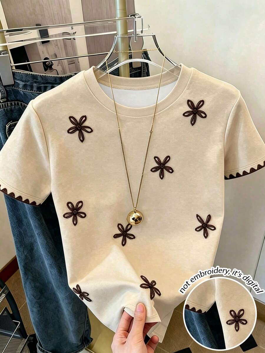 SHEIN 女士圆领撞色滚边花卉图案休闲日常短袖T恤 - 彩色 - 查看 1