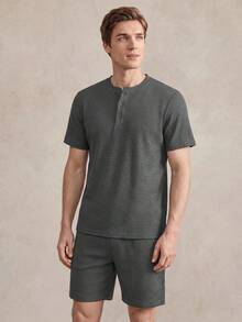 EverLounge 休閒春季亨利領男士居家服套裝 - 深灰色 - 查看 3