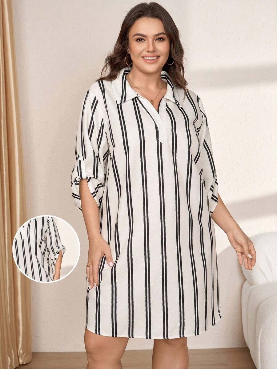 Comfylo Plus Size Women's Striped Colorblock Casual Daily Wear Dress Fall - Black and White - View 1