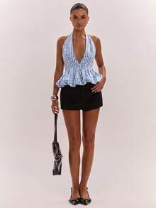 SHEIN BAE Women's Plaid Pleated Casual Sexy Cute Versatile Daily Brunch Vacation Outing Halter Top Blue And White Summer - Baby Blue - View 5