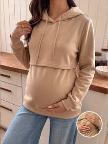SHEIN Maternity Solid Color Long Sleeve Casual Drawstring Hooded Nursing Sweatshirt Winter - Camel - View 1