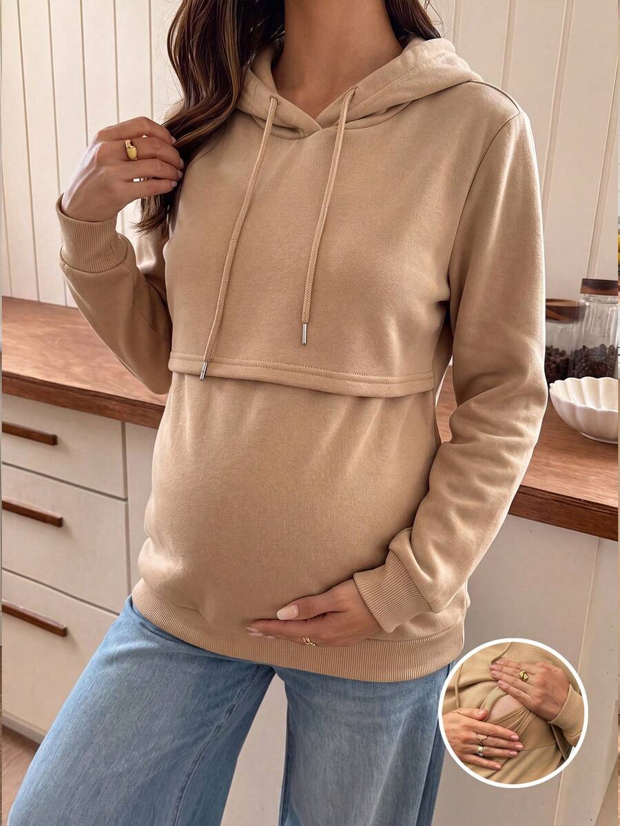 SHEIN Maternity Solid Color Long Sleeve Casual Drawstring Hooded Nursing Sweatshirt Winter - Camel - View 1