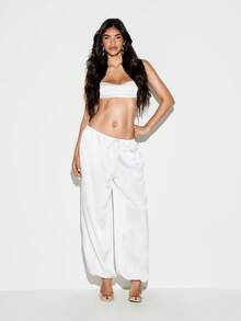 KIZN Satin Wide Leg Casual Pants With Elastic Drawstring Waist Side Pockets Full Length Summer Holiday Loungewear Trousers - White - View 1