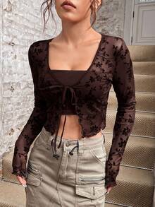 SHEIN EZwear Women's All-Over Print Casual Versatile Everyday Top - Brown - View 1