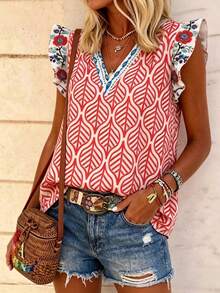 SHEIN LUNE Women's V-Neck Floral Print Contrast Color Ruffle Trim Casual Blouse - Multicolor - View 4
