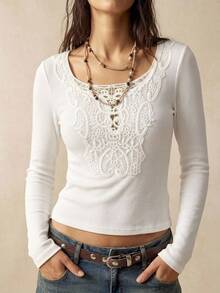 Bohemela Casual Solid Color Knit Long Sleeve Women's T-Shirt - White - View 2