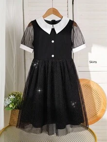 SHEIN Tween女孩百搭舒適童款彼得潘領襯衫，適合秋冬穿著，萬聖節派對黑色與白色優雅哥德風 - 黑色 - 查看 4