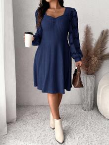 SHEIN Frenchy Plus Size Elegant Commuter Solid Color Jacquard Patchwork Dress Fall - Navy Blue - View 5