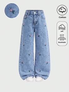 SHEIN Girlism 女童藍色丹寧寬鬆長褲，花卉刺繡圖案 - 藍色 - 查看 2