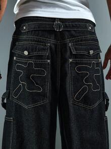 ROMWE MEN Men's Loose Fit Cargo Denim Shorts - Black - View 2