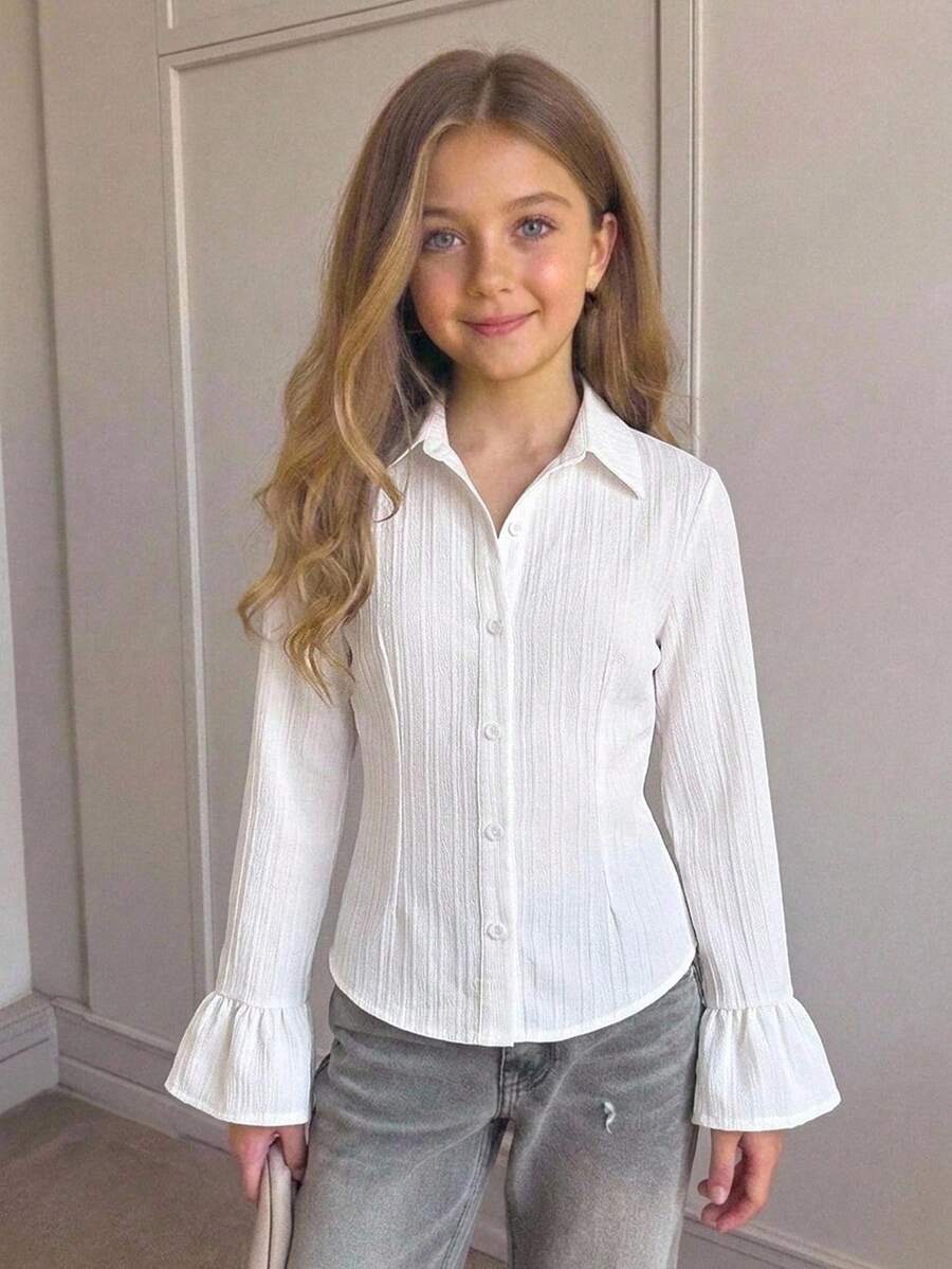 Firerie Kids Firerie Kids 少女女孩提花白色長袖襯衫,早秋白色上衣:蝴蝶結彼得潘領,學院風 - 白色 - 查看 1