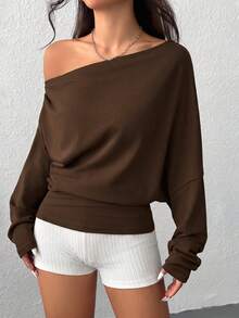 SHEIN EZwear 女款休閒純色不對稱領運動衫 - 棕色 - 查看 6
