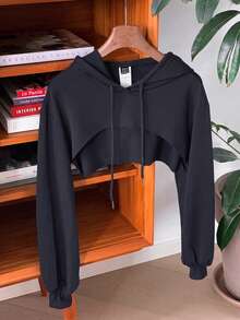 SHEIN EZwear 抽繩設計超短版休閒衛衣，黑白配色，秋冬長袖上衣，海軍藍女款衛衣 - 藏蓝色 - 查看 5