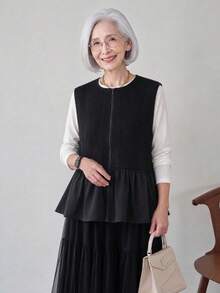 FRIFUL Women's Early Autumn New Korean Style Zipper Layered Vest With Patchwork Pleated Ruffle Hem Regular Jacket - Black - View 6
