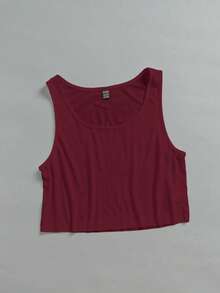SHEIN EZwear 女款休閒寬鬆深U領短版背心 - 酒紅色 - 查看 6