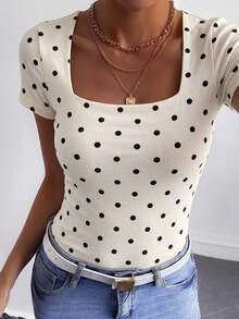 DAZY Women's Round Neck Polka Dot Print Ruched Short Sleeve Fitted T-Shirt Cute Tops - Apricot - View 4
