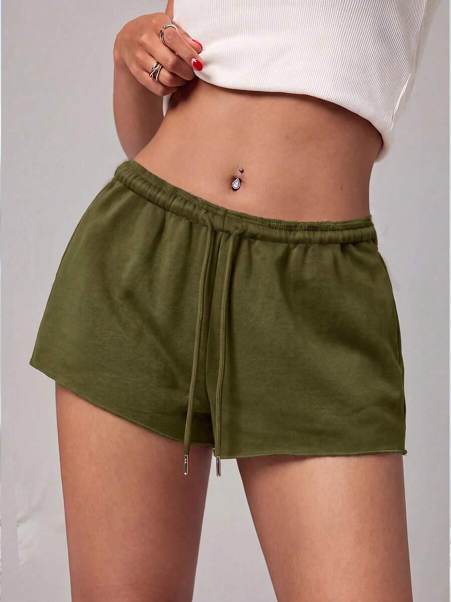 SHEIN PETITE Women's Solid Color Elastic Waist Loose Casual Athletic Shorts Gym Workout Olive Green Summer - Army Green - View 1
