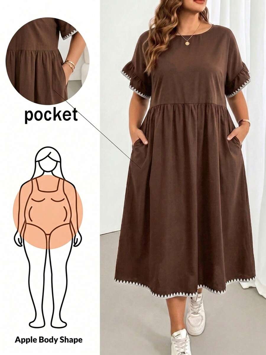 SHEIN Essnce Vestido de vacaciones de moda con bolsillo y bordado de conchas, talla grande - Marrón - Ver 1