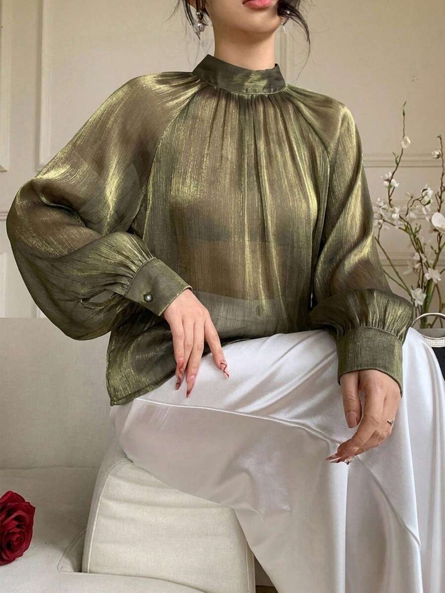 DAZY 春夏綠色雪紡女式襯衫,純色,披肩領設計,不對稱下擺,情人節、婚禮、休閒、度假、修身、優雅、通勤,荷葉邊腰部,長袖 - 墨綠色 - 查看 1