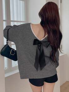 DAZY Sweater Rajut Kasual Lengan Panjang Leher V Longgar dengan Pita Besar dan Renda Warna Kontras Patchwork untuk Wanita, Musim Gugur/Dingin - Grey - View 5