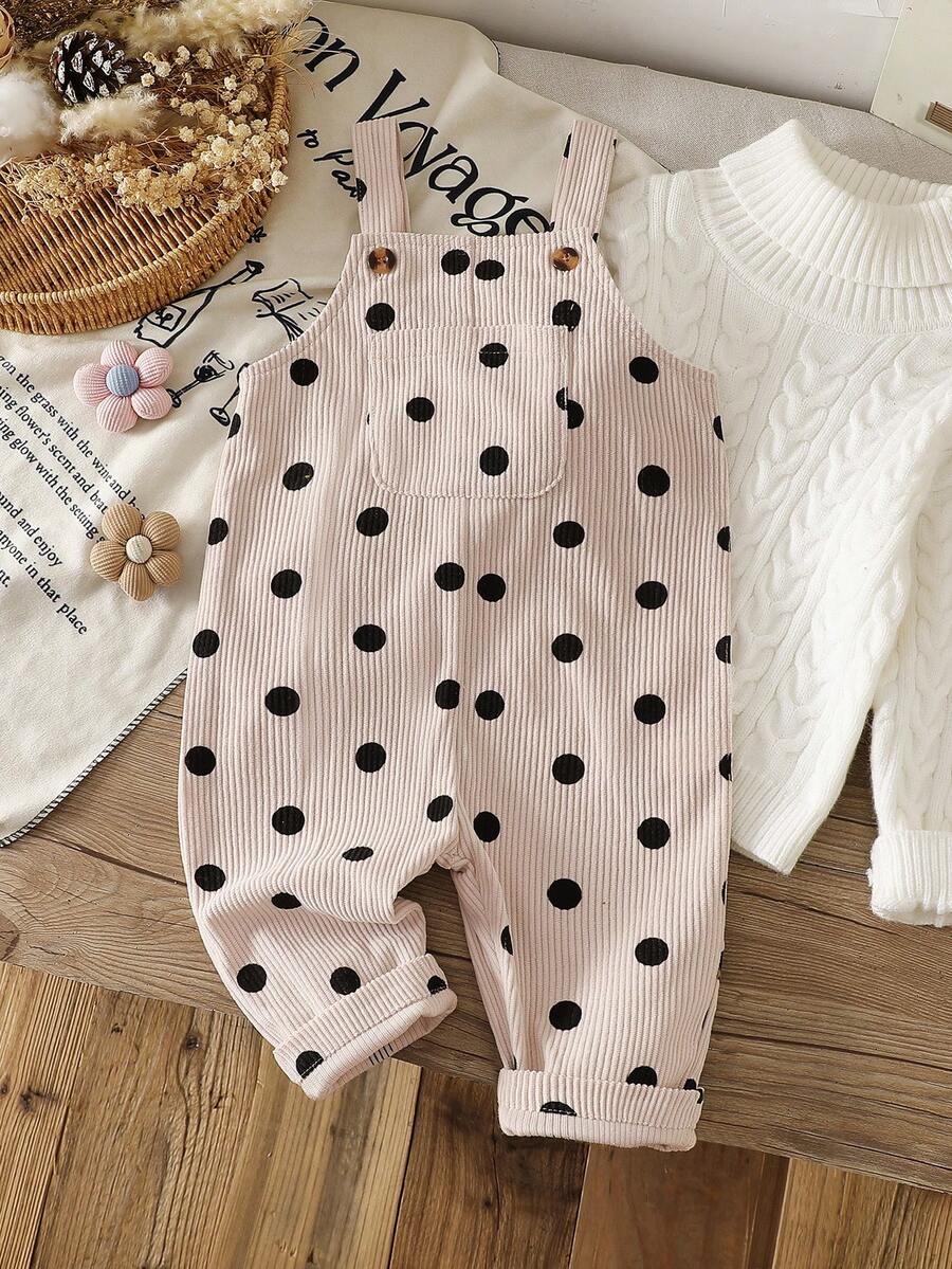 SHEIN Vintaside Kids 1件女嬰春秋米白色與黑色復古韓風大波點無袖寬腿連身褲,寬鬆直筒版型,適合日常外出、春季戶外活動、周歲生日派對、家庭旅行與拍照拍攝 - 杏色 - 查看 1