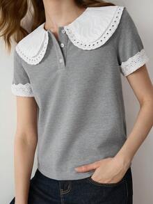 DAZY Women's French Embroidery Hollow Button Half-Placket T-Shirt School White Summer Cute Preppy Casual - Grey - View 4