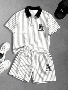 Manfinity Roghcode Men's Striped Letter Print Polo Shirt & Shorts Set - Multicolor - View 1
