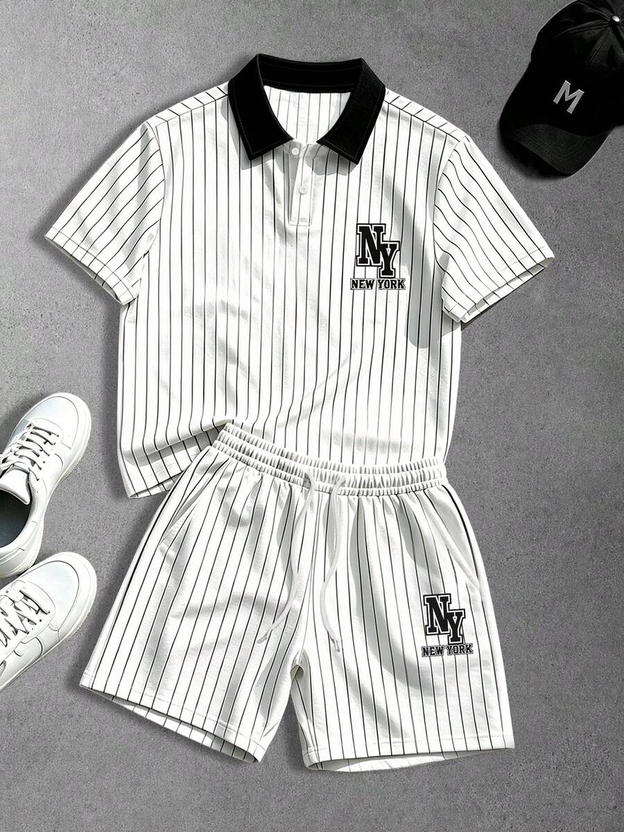 Manfinity Roghcode Men's Striped Letter Print Polo Shirt & Shorts Set - Multicolor - View 1