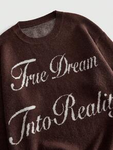 ROMWE MEN Street Life Men's Crew Neck Letter Jacquard Knit Sweater Street Fashion - Brown - View 2