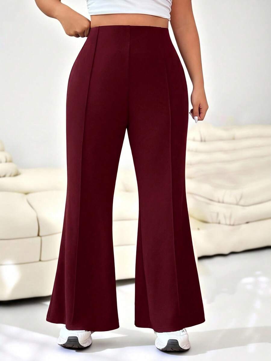 SHEIN EZwear 大尺碼女款素色簡約日常喇叭西裝褲,適合畢業季、返校季 - 酒紅色 - 查看 1