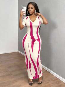INAWLY Solva Gaun Wanita Musim Panas Seksi Slim Fit Lengan Pendek Bermotif - MultiWarna - View 3