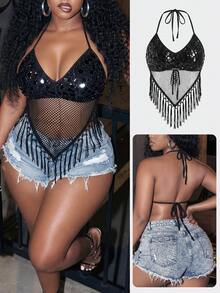 Slaydiva New Summer Style, Birthday Party, Daily Commute, Basic Versatile Casual, Vacation, Cruise Travel, Beach, Seaside, Sunbathing, Item, Date, Shopping, Sexy Resort, Island Vacation, Bohemian, Summer Holiday, Party, Music Festival, Hotel Resort Sexy Solid Black Fitted Halter Tie-Front Low Neck Beaded Sheer Mesh & Tassel Hem Asymmetrical Beaded Fabric Plus Size Women Top - Black - View 8
