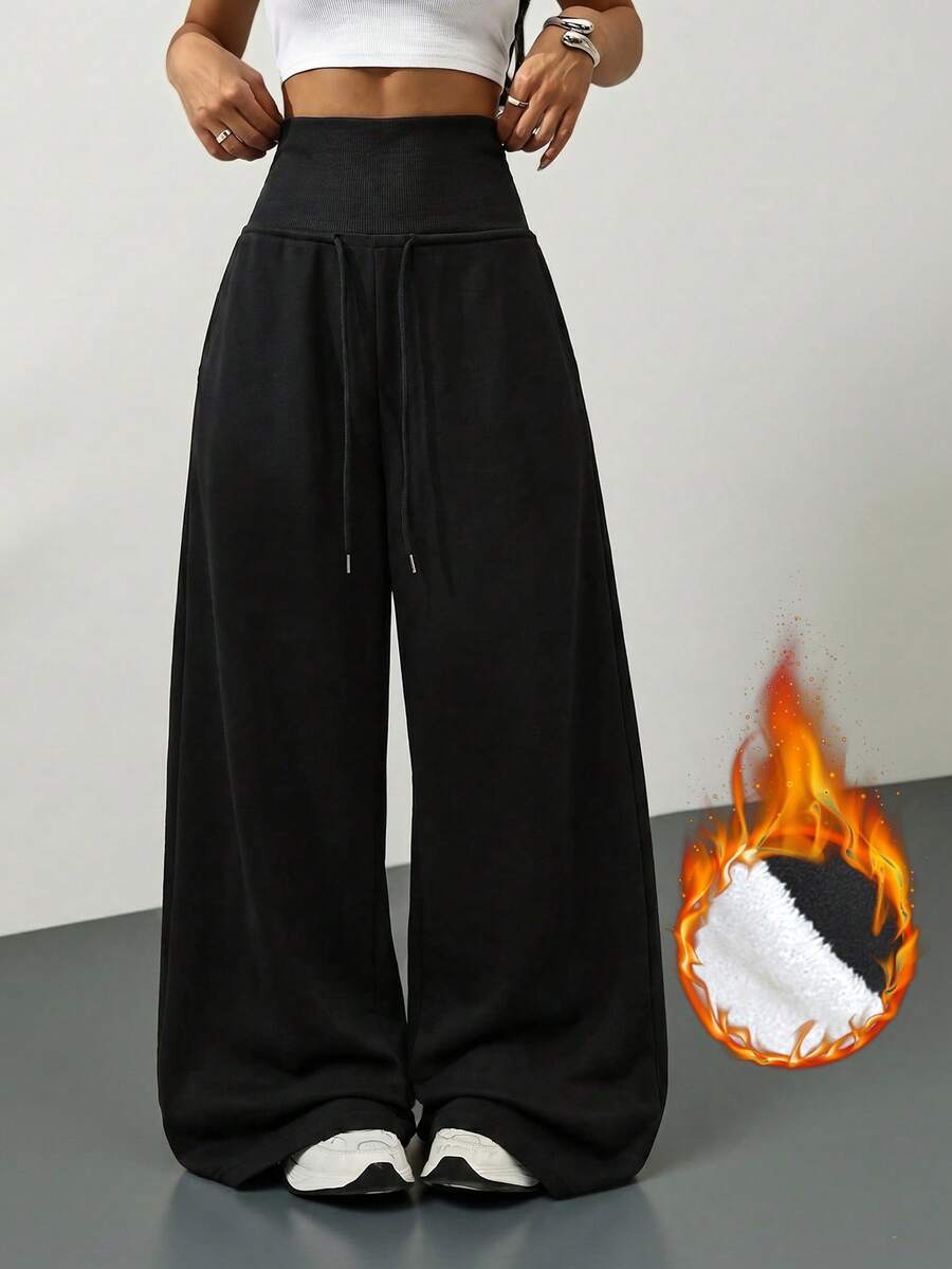 SHEIN Tall Women's Solid Color Drawstring Waist Wide Leg Loose Athletic Pants - Black - View 1