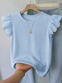 SHEIN 青少年女孩夏季休閒鏤空刺繡拼接襯衫 - 藍色 - 查看 6