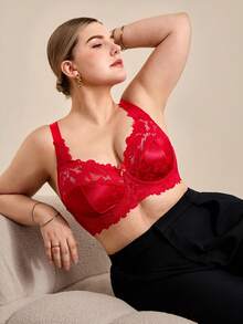 Hourtrue Plus Size Women Fashion Lace Patchwork Underwire Bra - Red - View 4